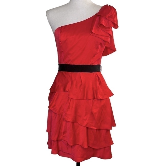 BCBGMAXAZRIA Coral Passion Tiered One Shoulder Cocktail Dress